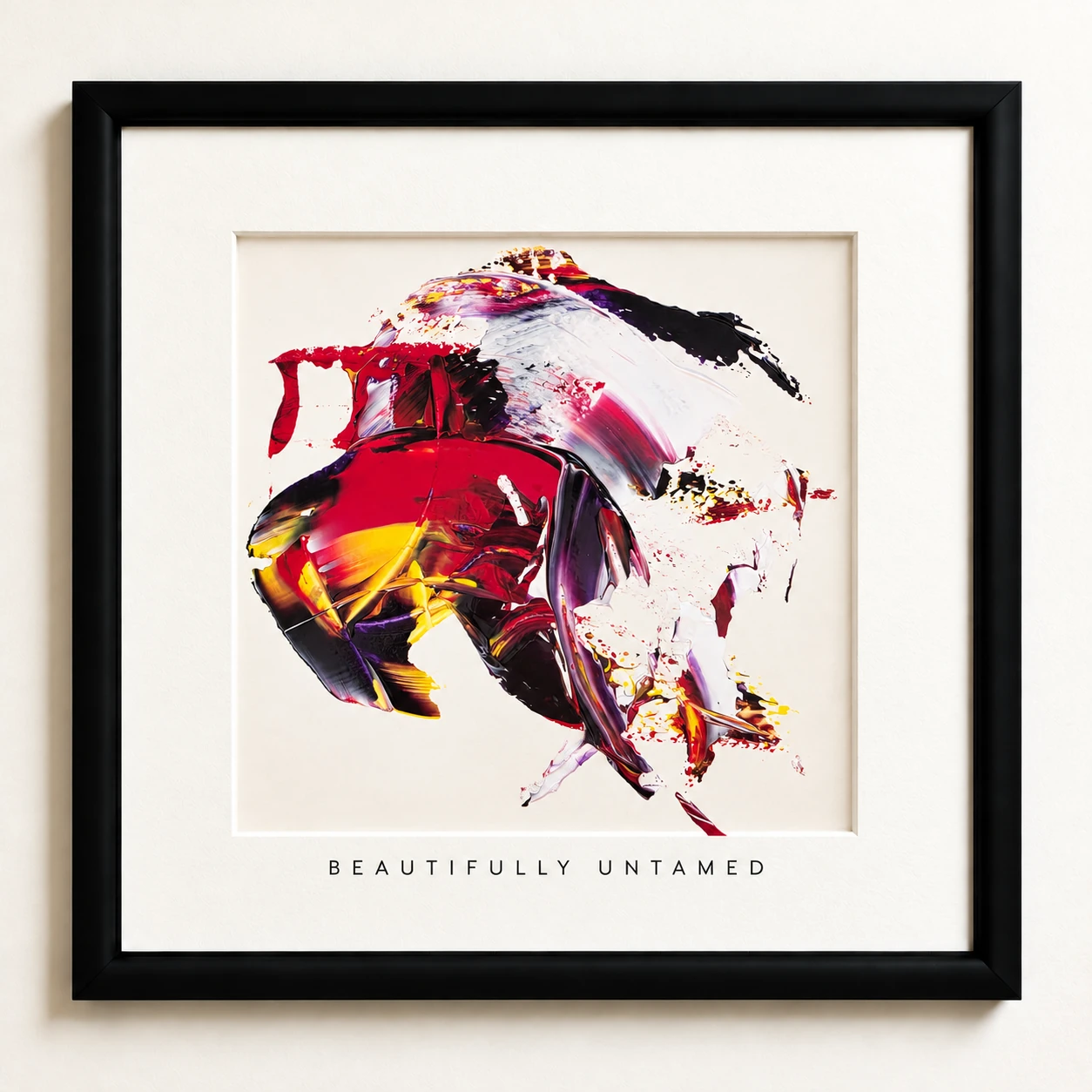 Beautifully Untamed — sweeping red, white, yellow and violet paint in a black square frame