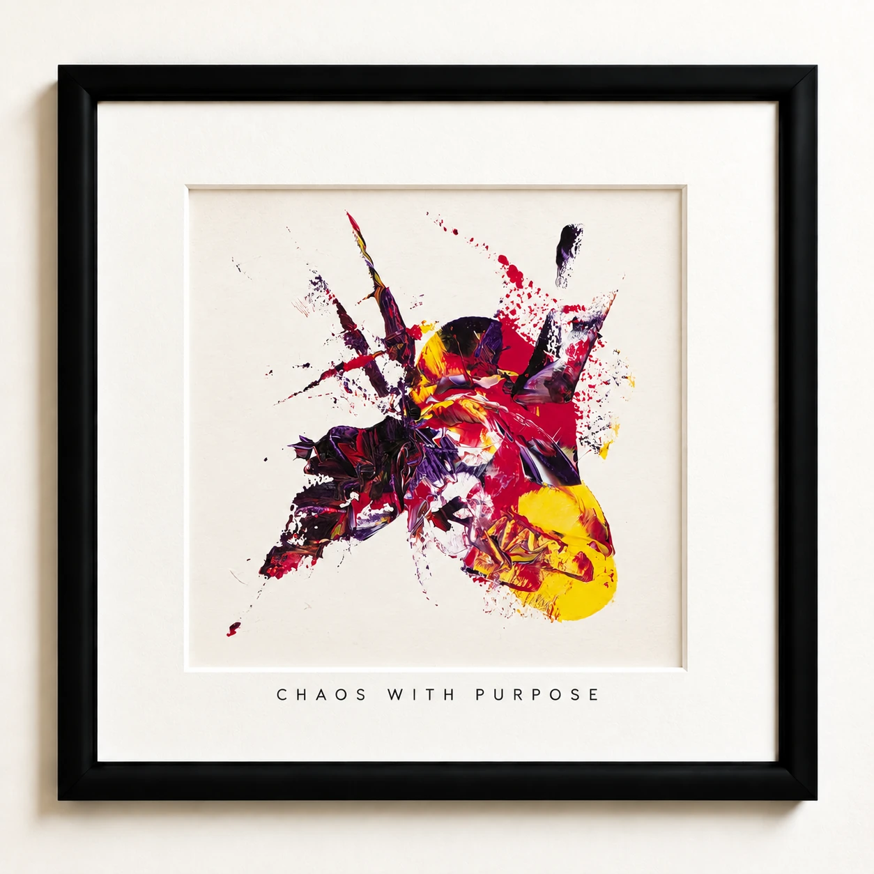 Chaos with Purpose — textured red, violet and yellow abstract marks in a black square frame