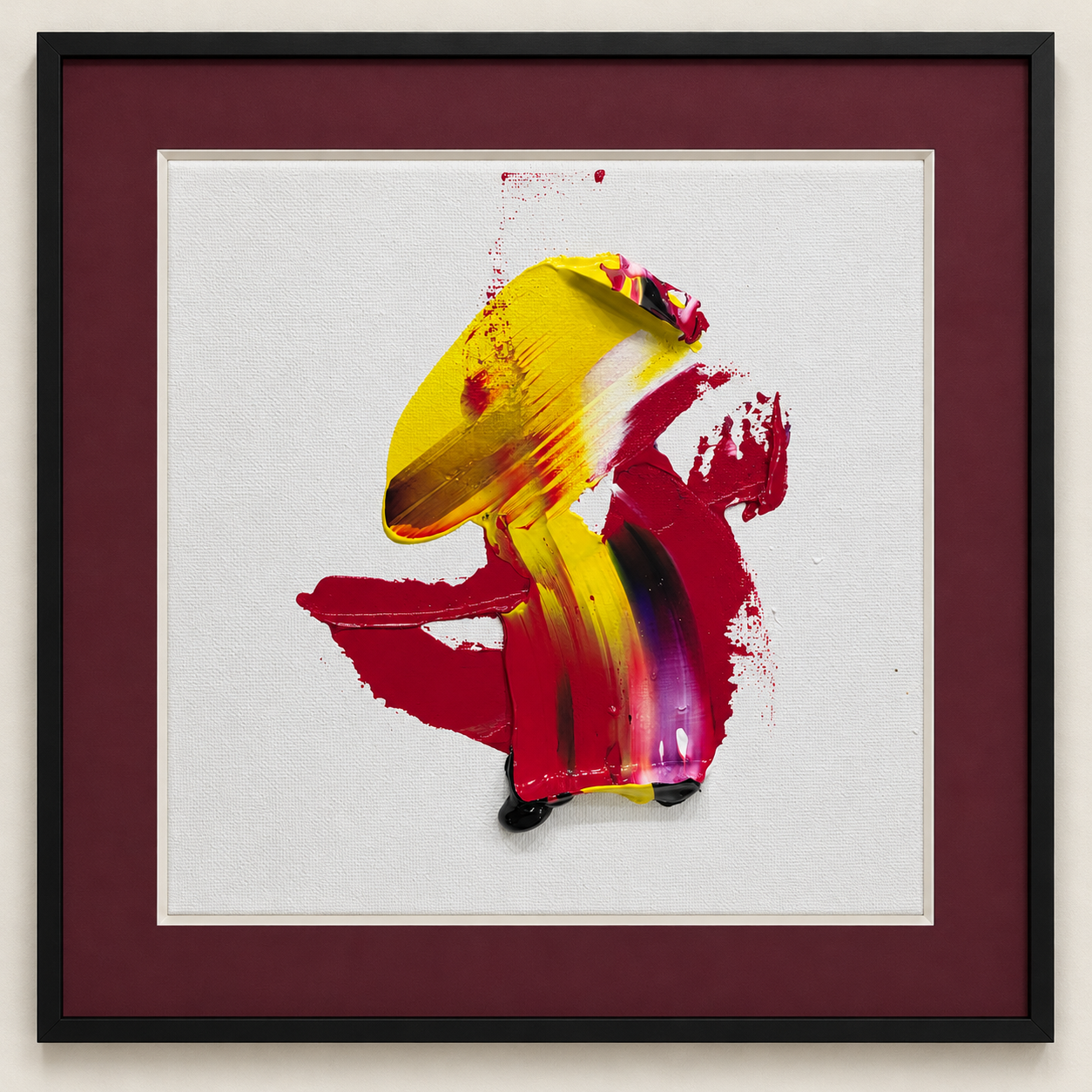 Broad yellow and crimson strokes with violet and black accents, shown with a burgundy mount and black frame.