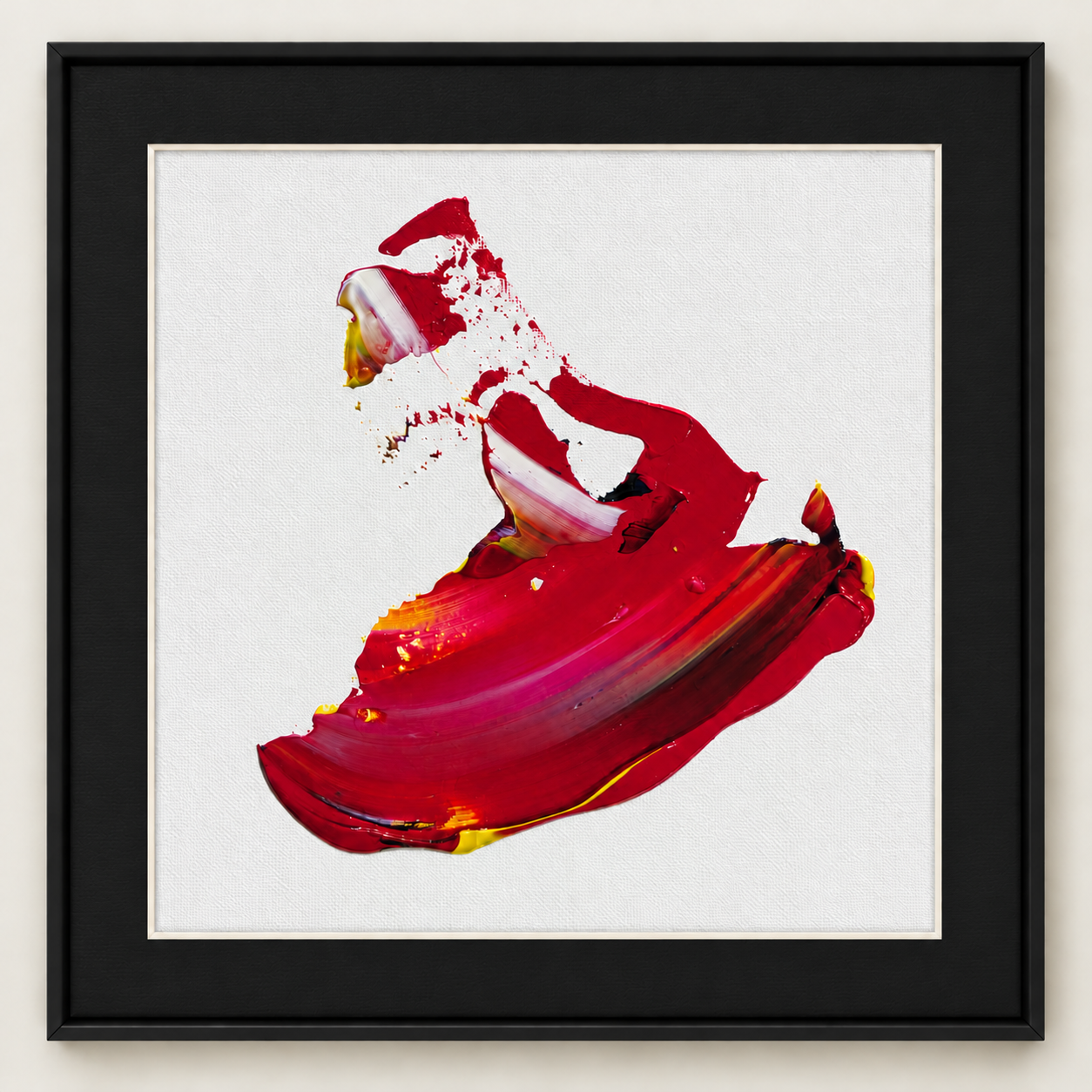 A sweeping crimson gesture with touches of yellow, violet and white, shown with a black mount and frame.