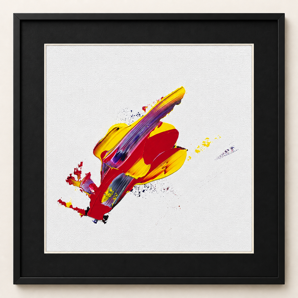 Diagonal strokes of yellow, crimson and violet, shown with a black mount and frame.