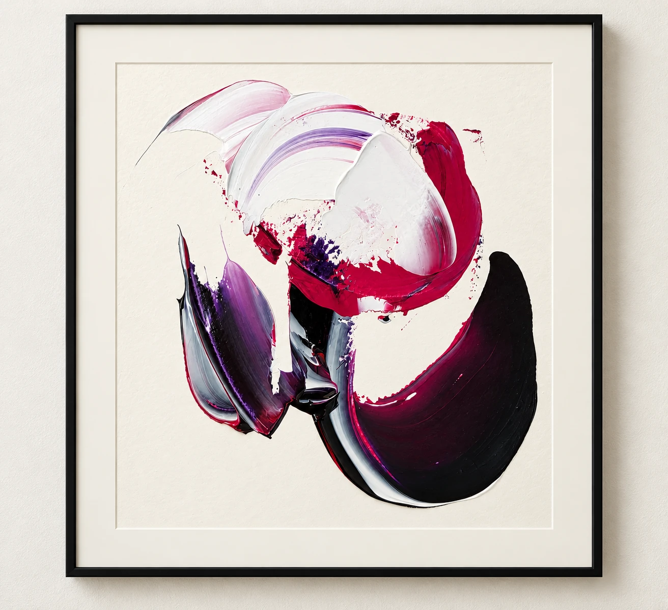 Study in Motion — framed abstract painting with sweeping white, crimson, violet and black paint on cream